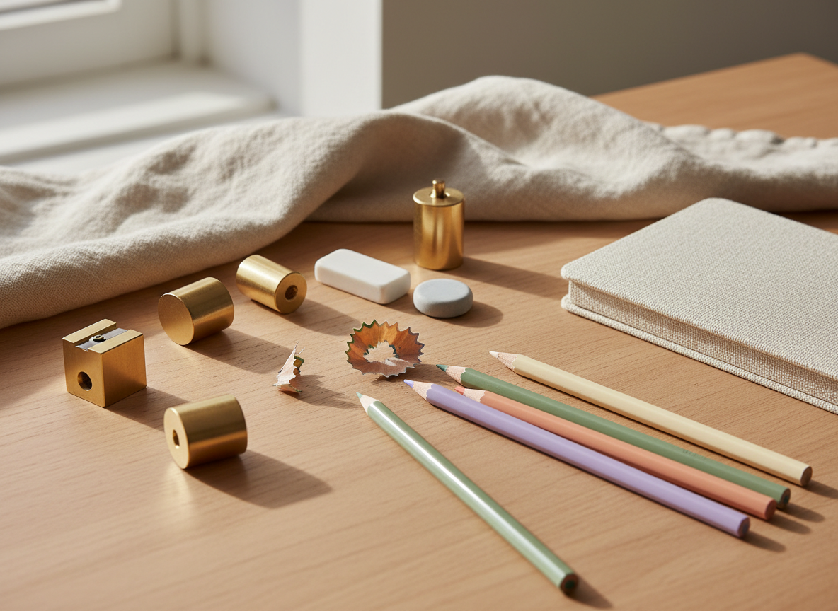 Pencil sharpeners, erasers and pencil shavings on a desk