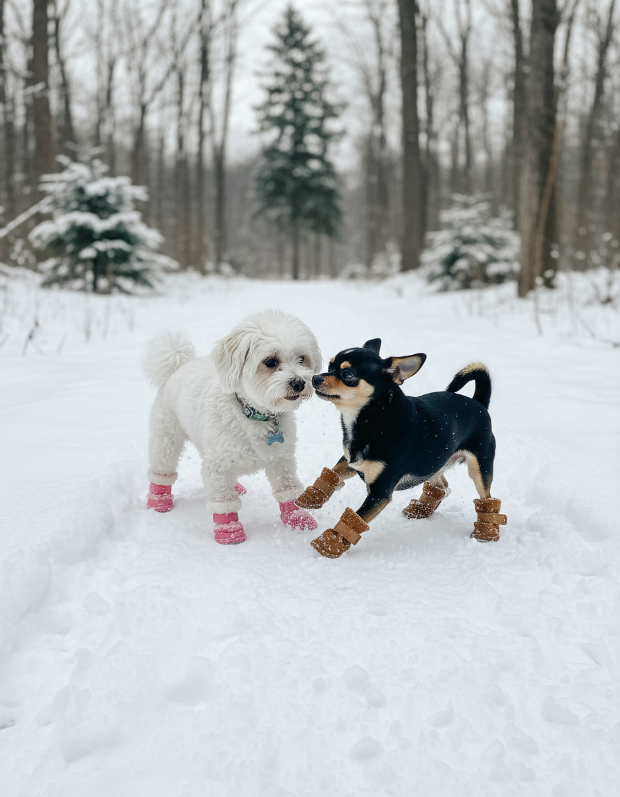 Two small dogs in pink and coffee snow boots playing on a snowy trail