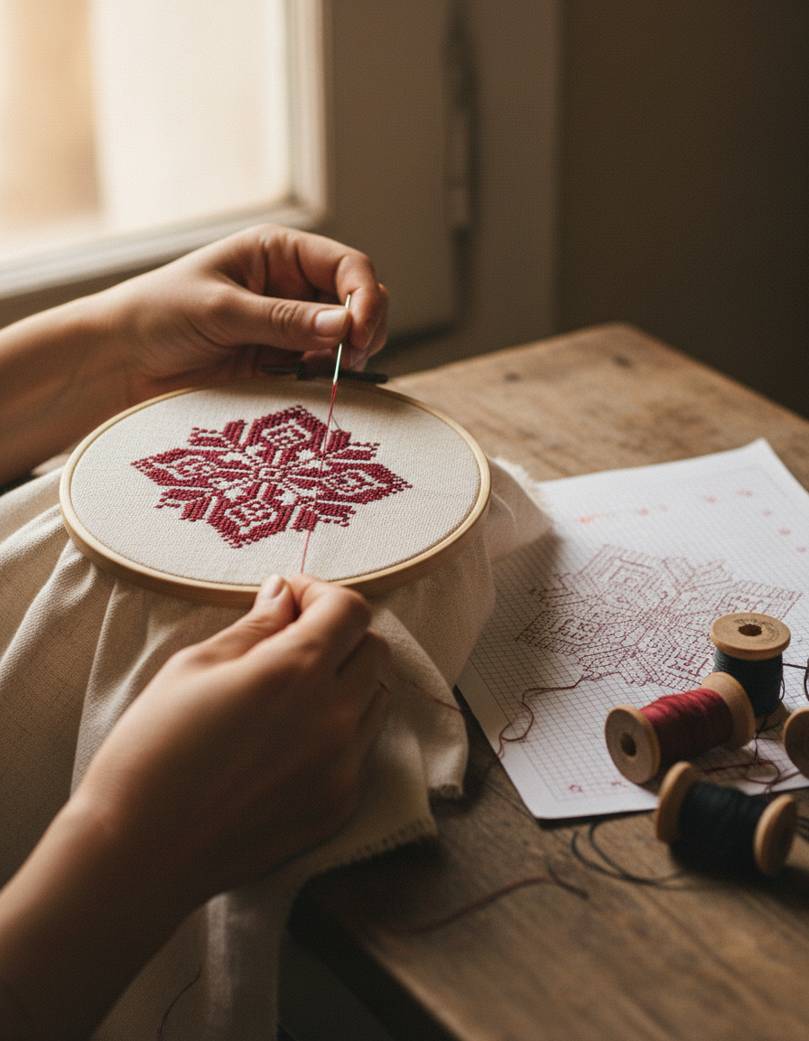 An artisan's hands stitching red tatreez on cream linen in a wooden hoop, beside a hand-drawn pattern chart