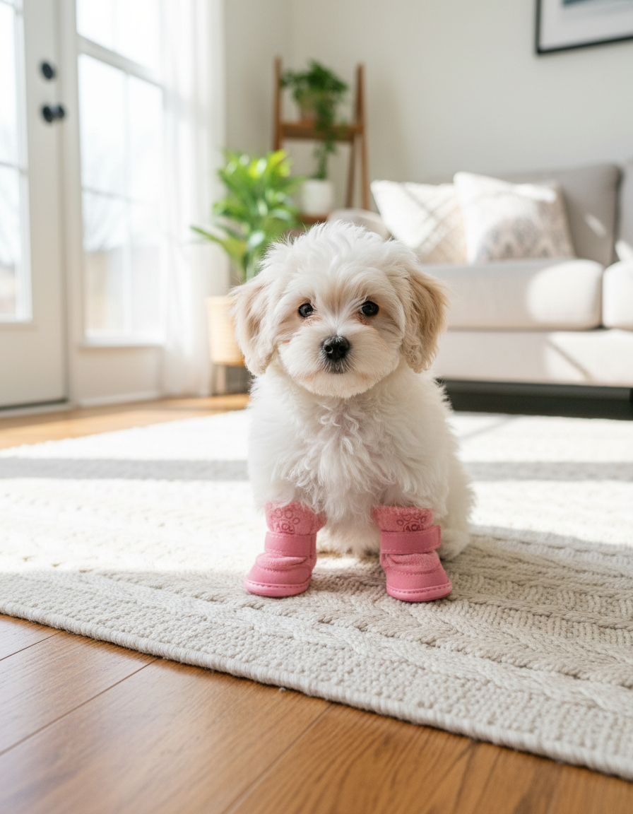 Fluffy white puppy in pink plush boots sitting on a knit rug