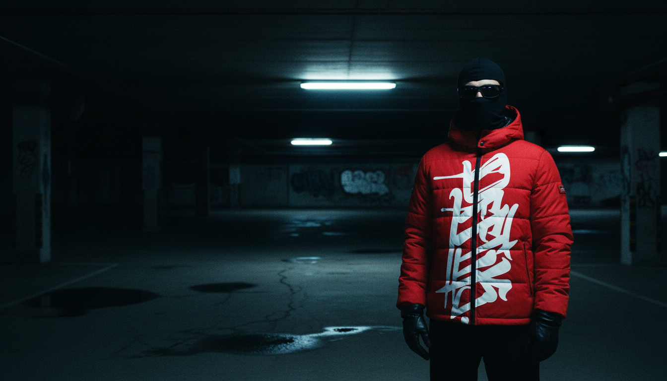 Model in a balaclava, sunglasses and gloves wearing the OFFTIK Signature Puffer Jacket Red/White in an underground car park at night