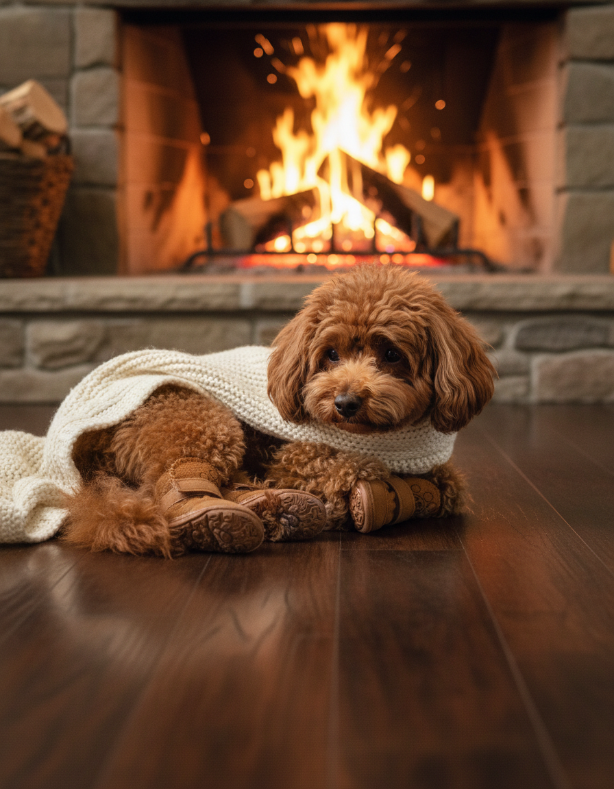 Brown poodle in coffee snow boots curled up by a fireplace