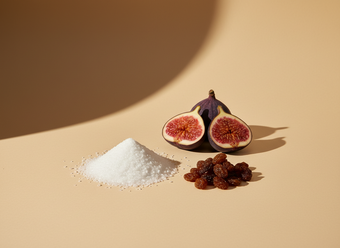 Crystalline allulose beside fresh figs and raisins