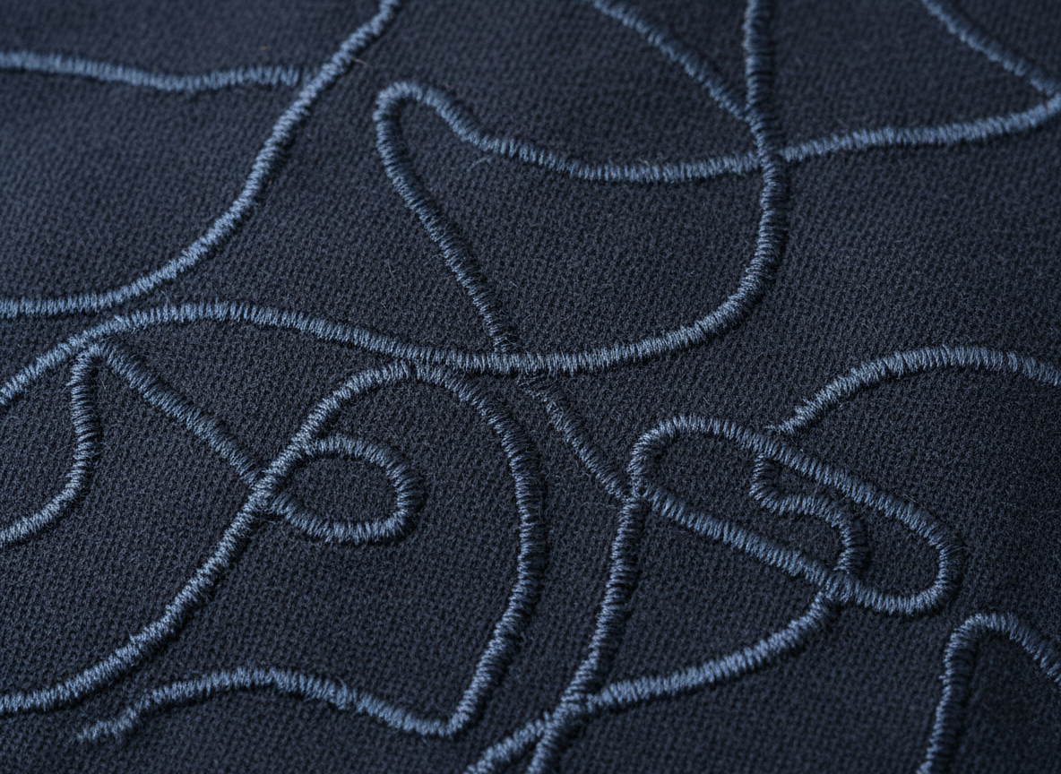 Close-up of tonal embroidery stitched on navy cotton fleece