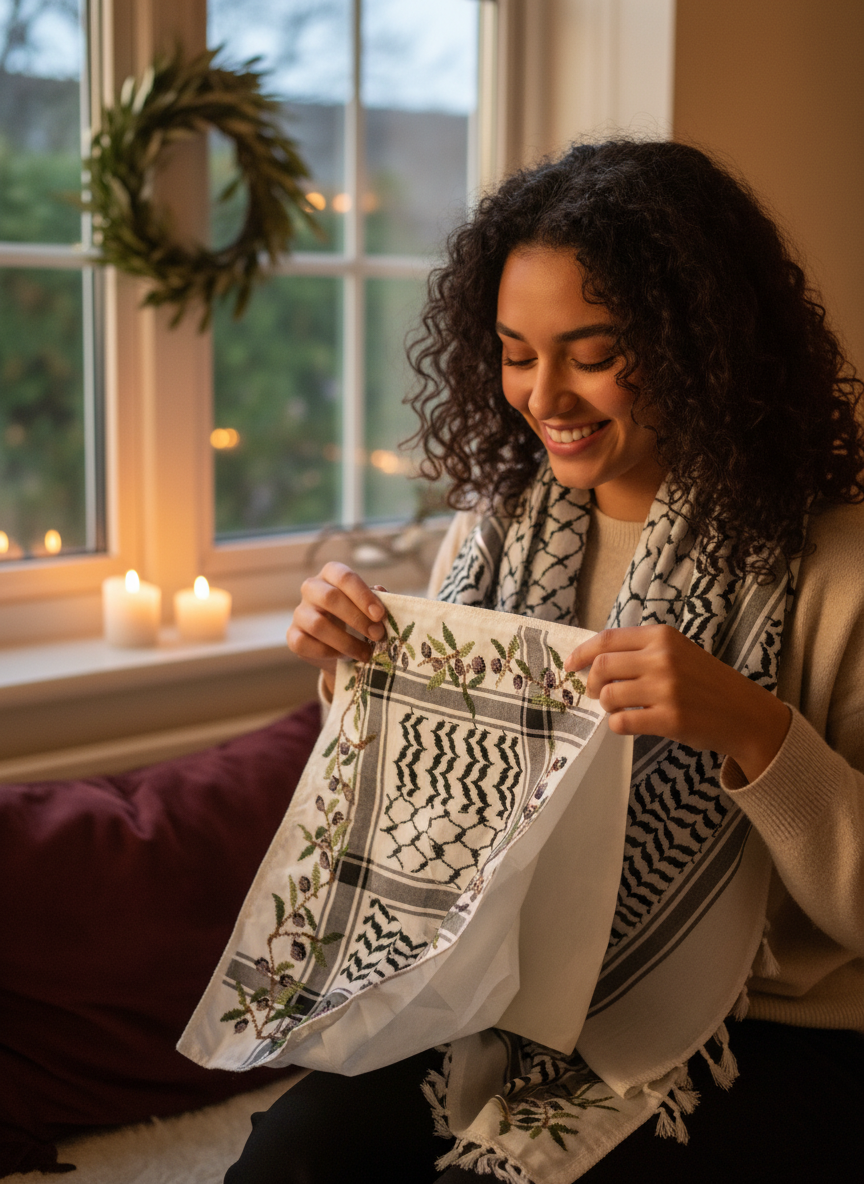 A woman smiling as she unwraps a keffiyeh with an olive border at Christmas