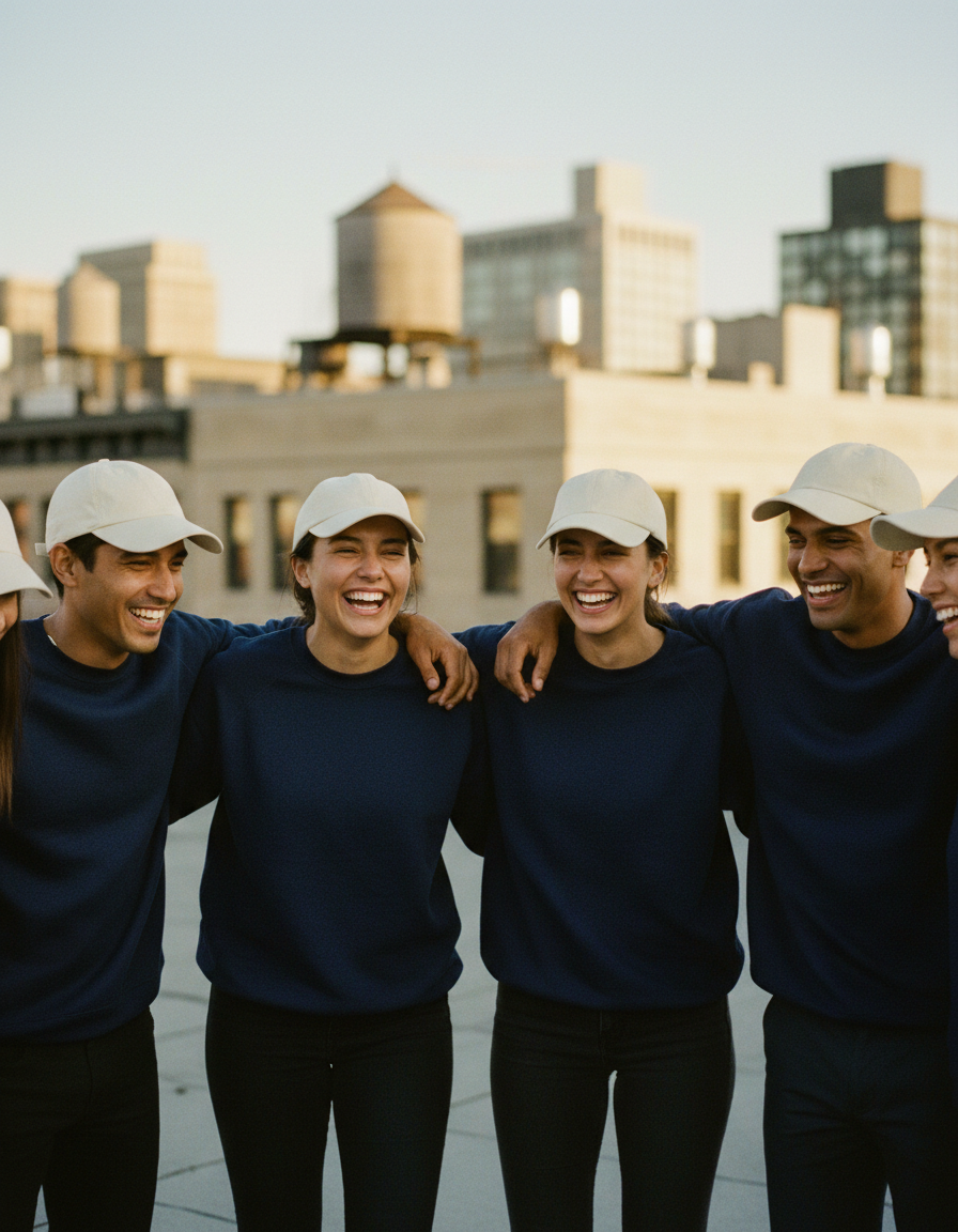 A group of friends in matching navy crewnecks and cream caps laughing together on a city rooftop