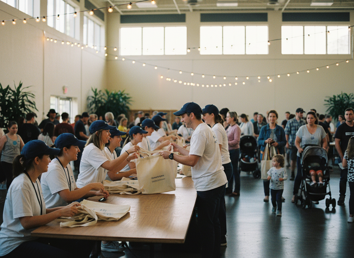 Volunteers in matching white tees and navy caps handing out tote bags at a community event