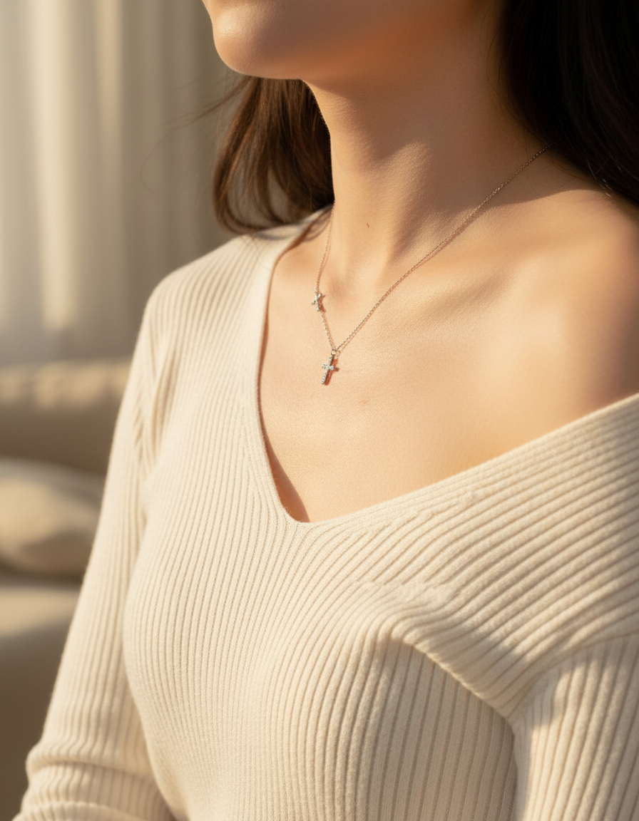 A woman in a cream ribbed knit wearing a delicate cross pendant necklace in warm afternoon light