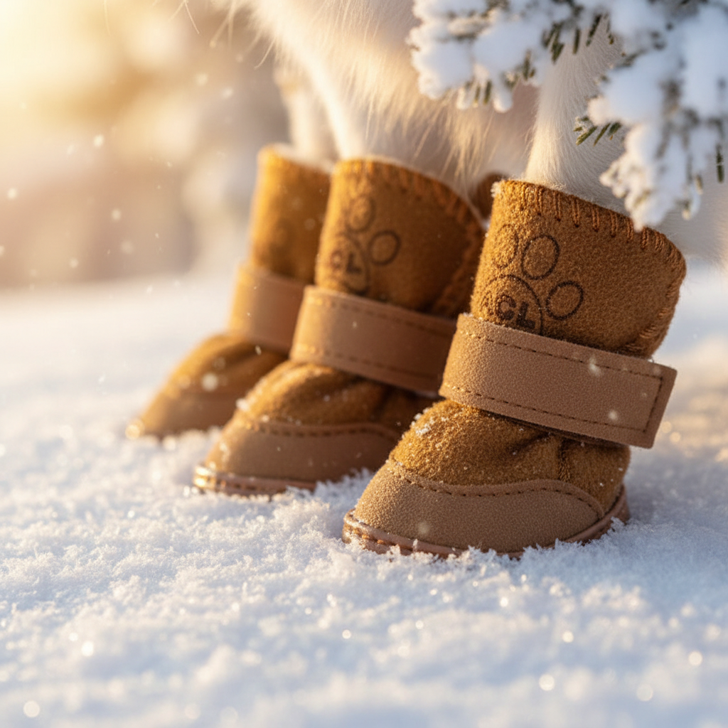 Close-up of four small paws in coffee plush boots on sparkling snow