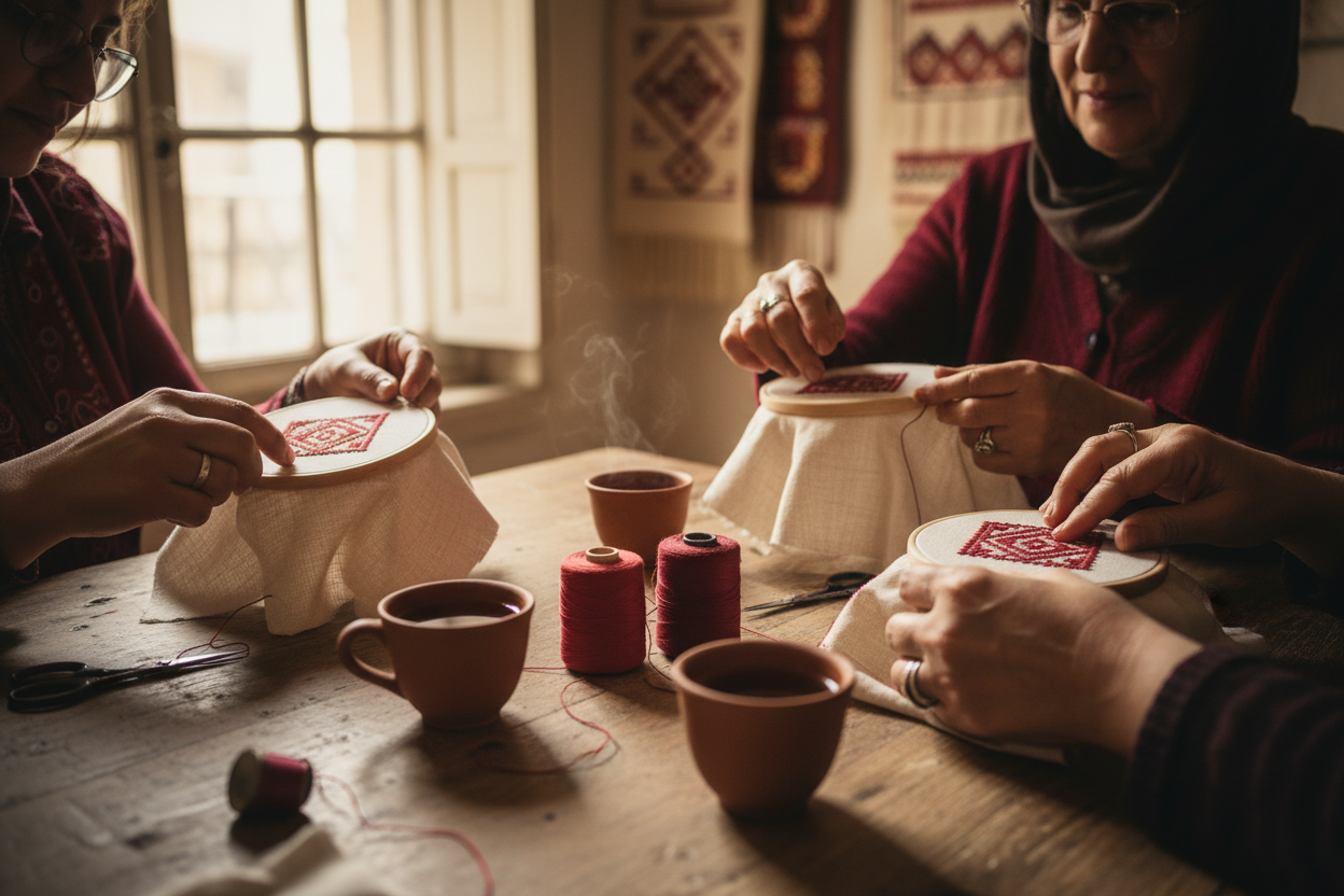 Three women's hands stitching red tatreez together around a table with tea and thread