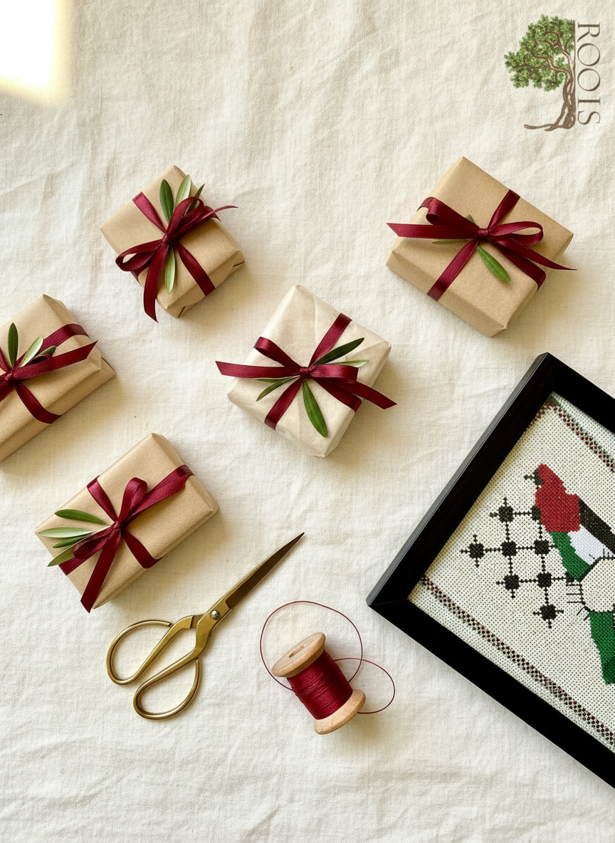 Small gifts wrapped in kraft paper with burgundy ribbon and olive sprigs, with tatreez peeking out
