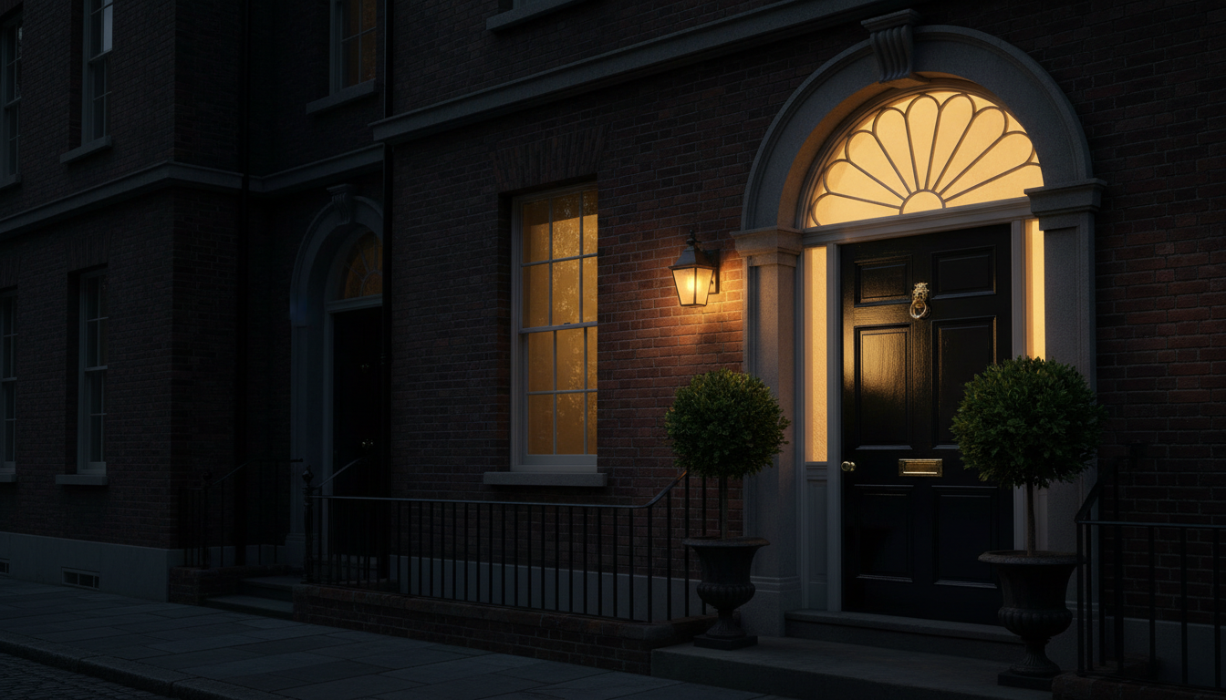 A black Victorian front door with a glowing fanlight at dusk