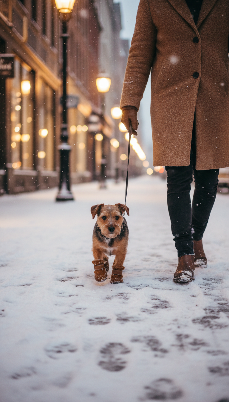 Terrier wearing coffee-brown snow boots on a leash in the snow