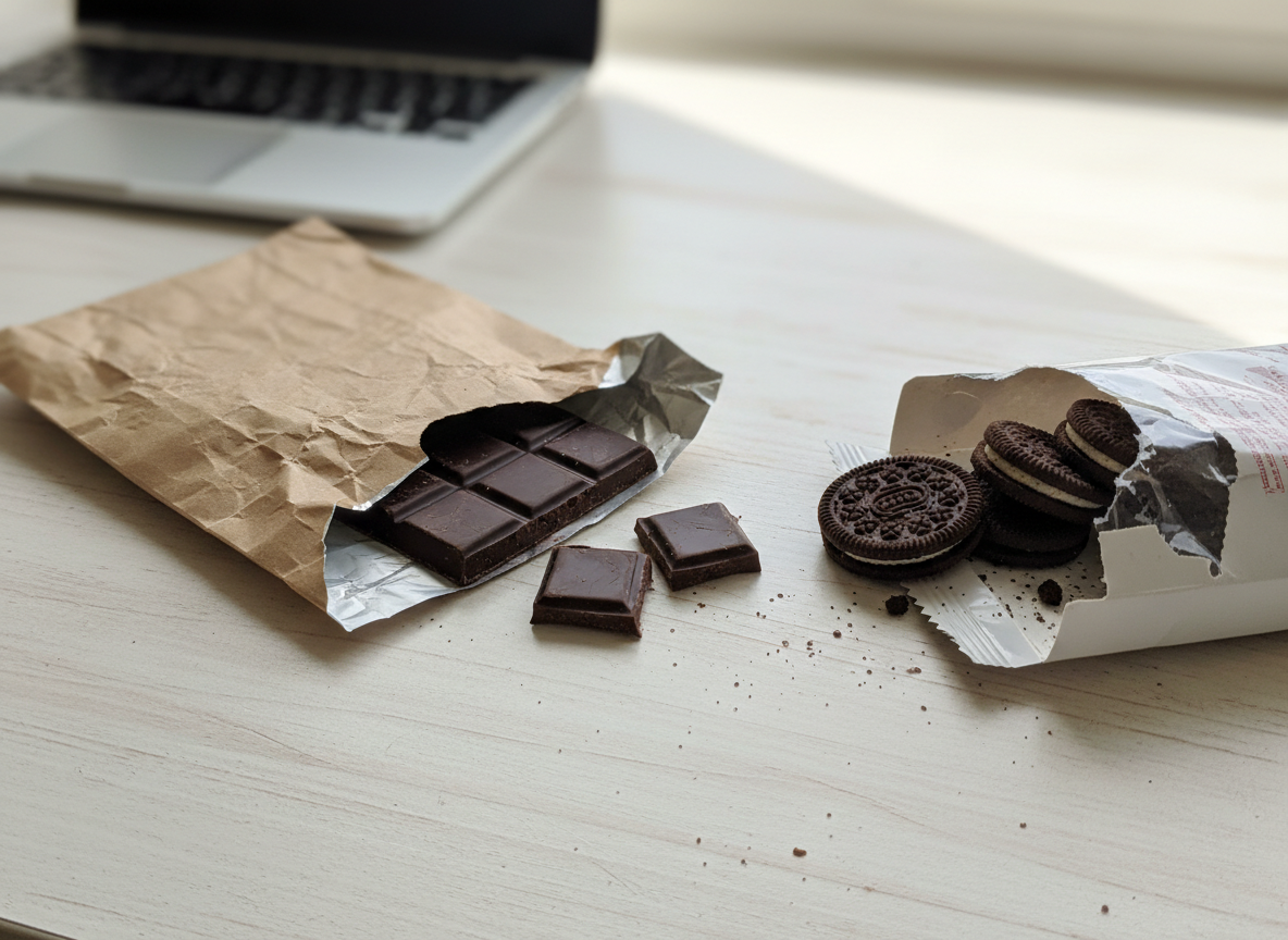 A half-unwrapped dark chocolate bar with squares broken off and an open pack of chocolate sandwich cookies on a sunny office desk
