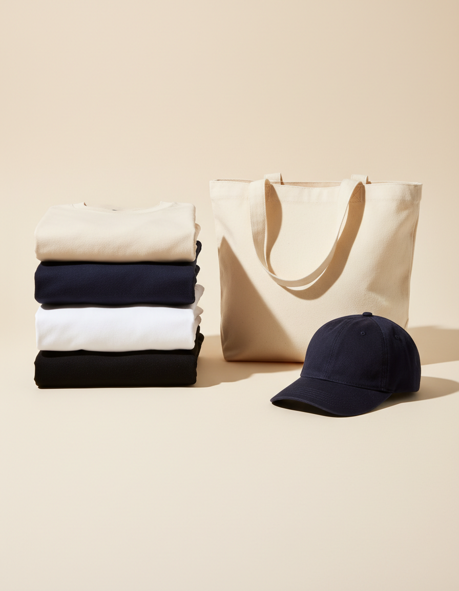 Stacked folded t-shirts in black, white, navy and cream beside a canvas tote and a navy cap