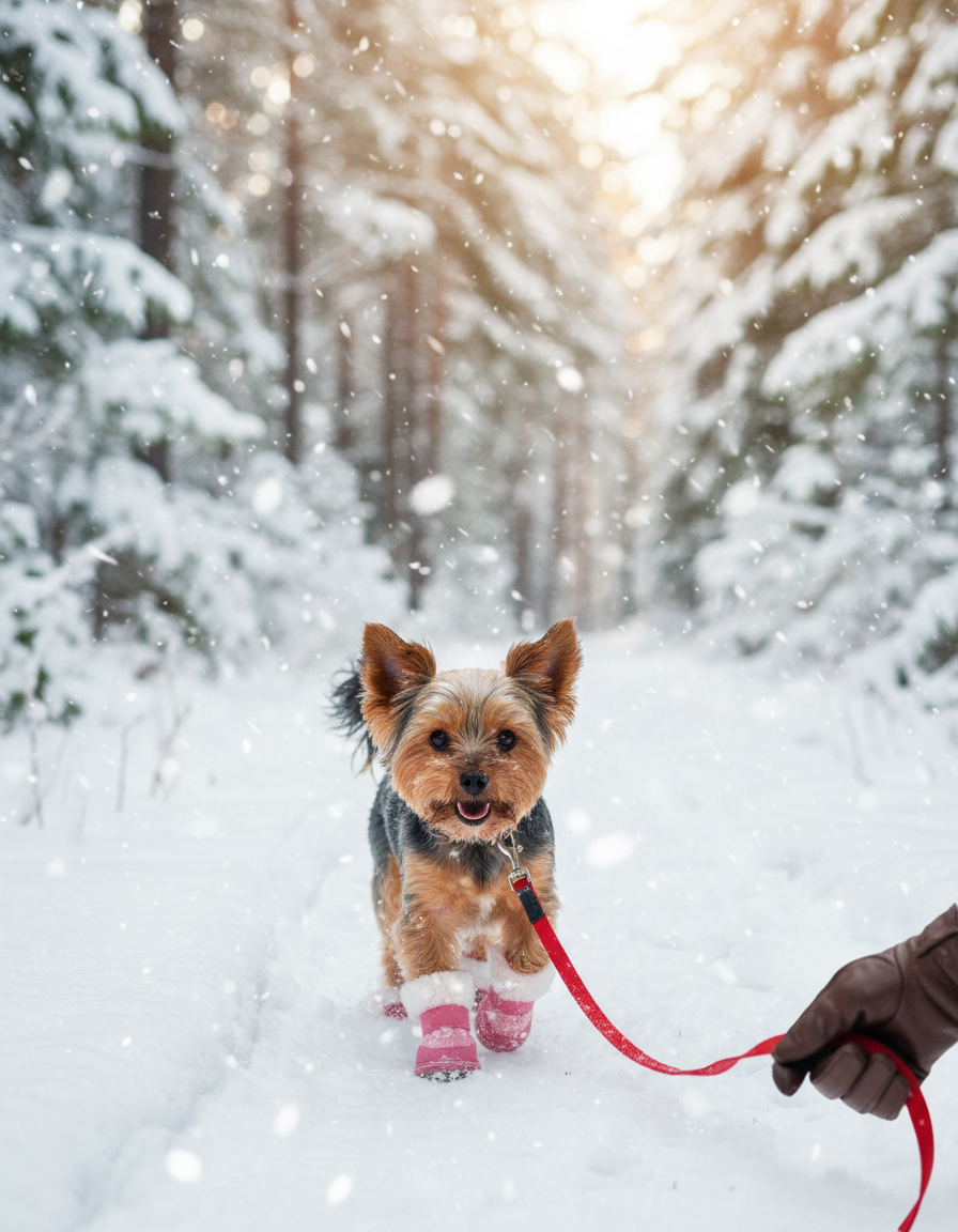 Yorkshire Terrier in pink plush boots on a snowy walk, a gloved hand holding a red leash