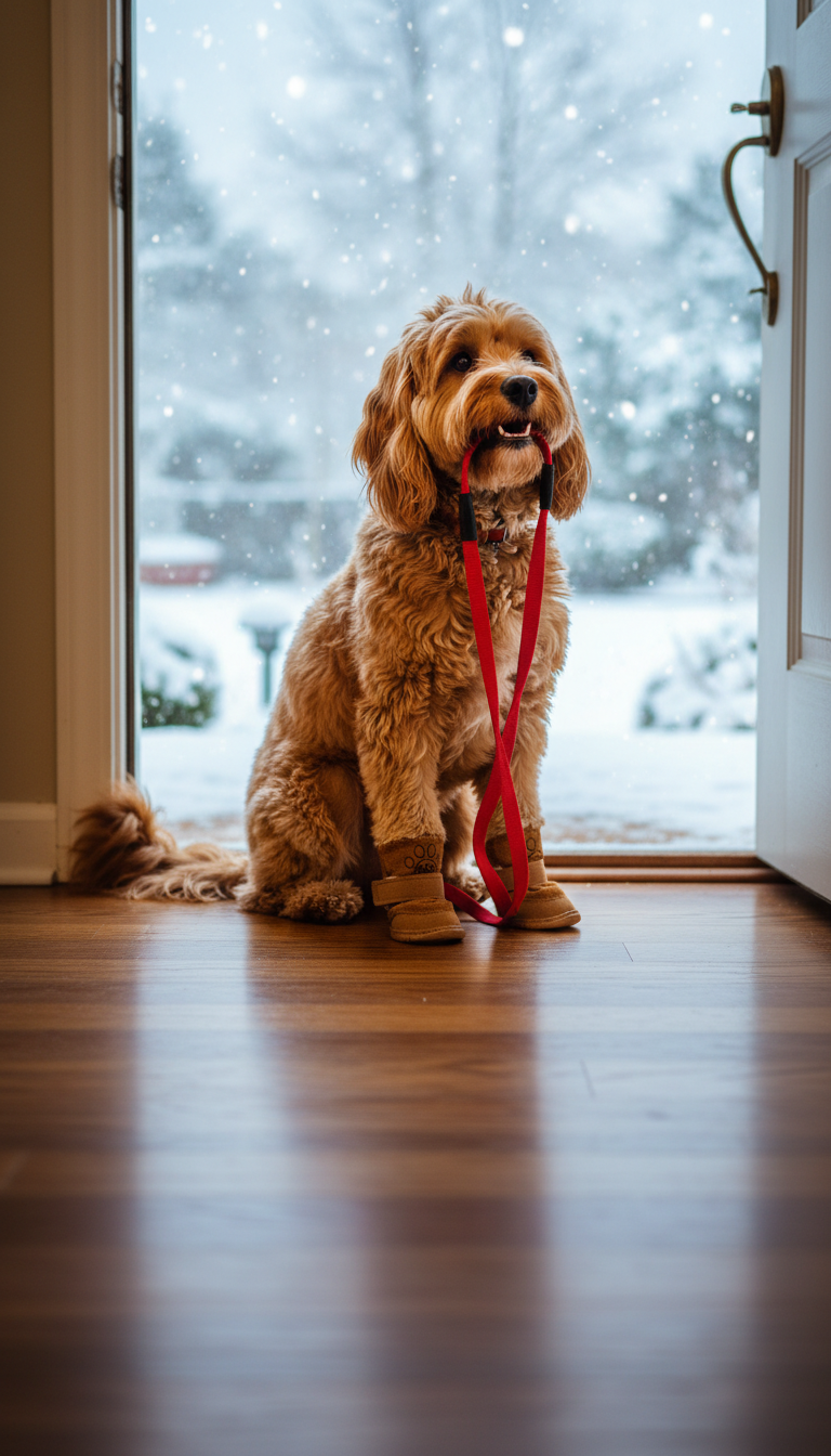 Cockapoo in coffee-brown snow boots holding a red leash at the front door on a snowy day