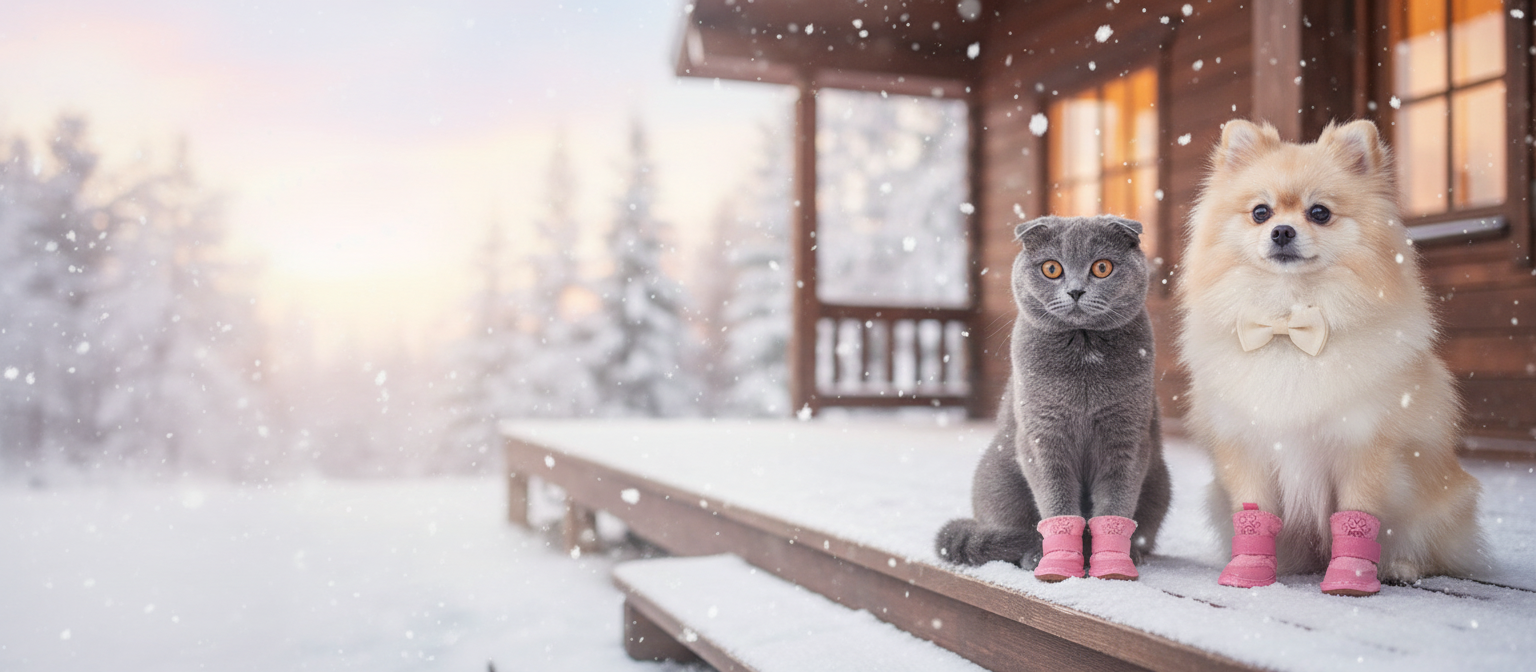 Grey cat and pomeranian in pink plush snow boots on a snowy cabin porch