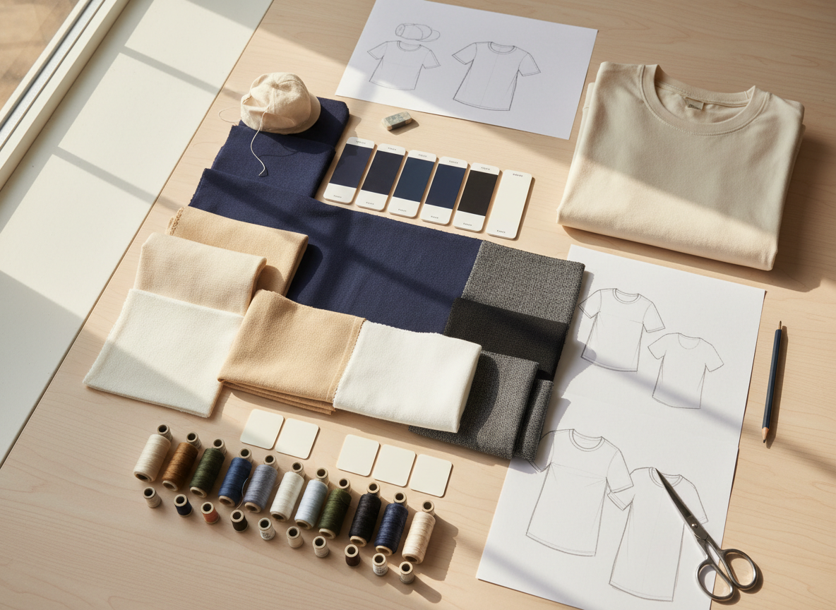 Design table with fabric swatches, thread spools and pencil sketches of t-shirts and caps