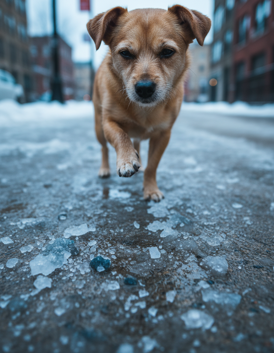 A small dog lifting a bare paw off an icy, salty sidewalk