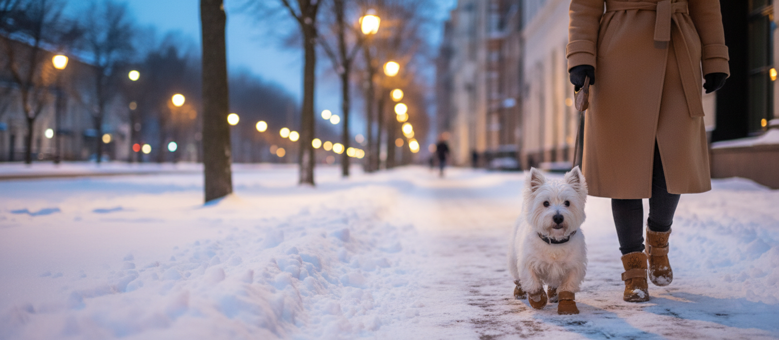 Terrier in coffee-brown snow boots walking with its owner on a snowy city sidewalk at dusk
