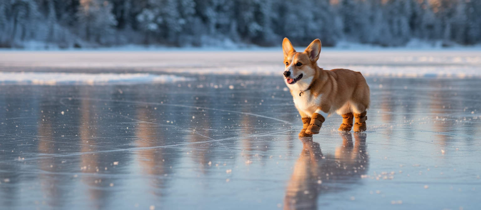 Corgi wearing coffee-brown non-slip snow boots standing steadily on a glossy frozen lake