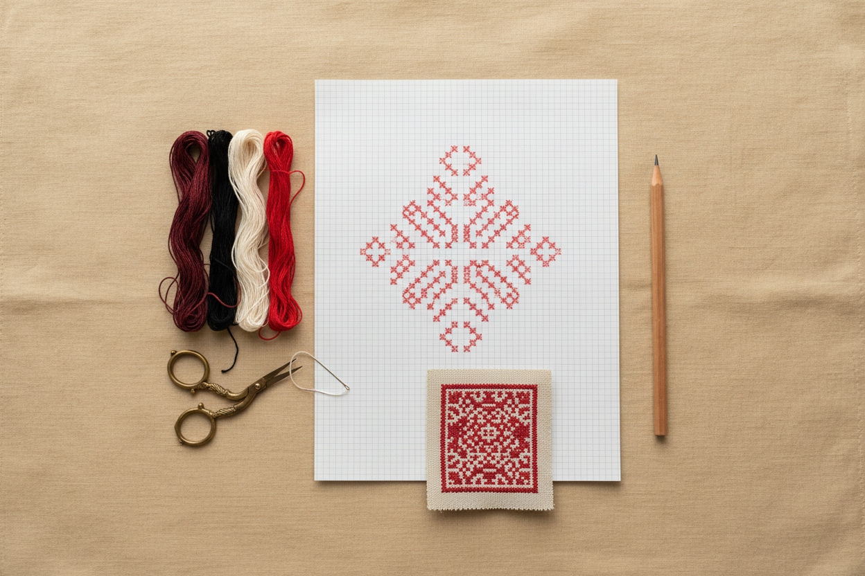 A hand-drawn cross-stitch pattern on graph paper beside a tatreez swatch and skeins of red and burgundy thread