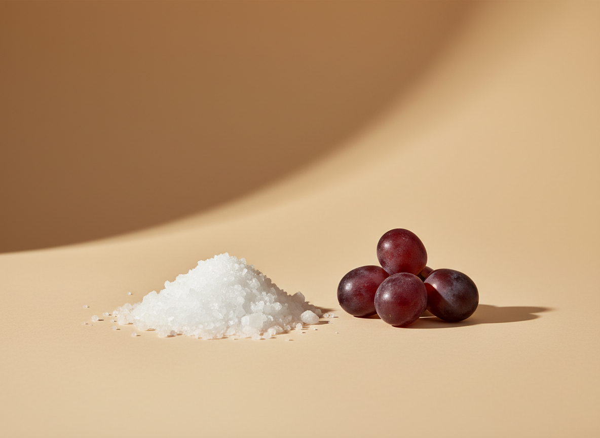 Tartaric acid crystals beside a cluster of red grapes