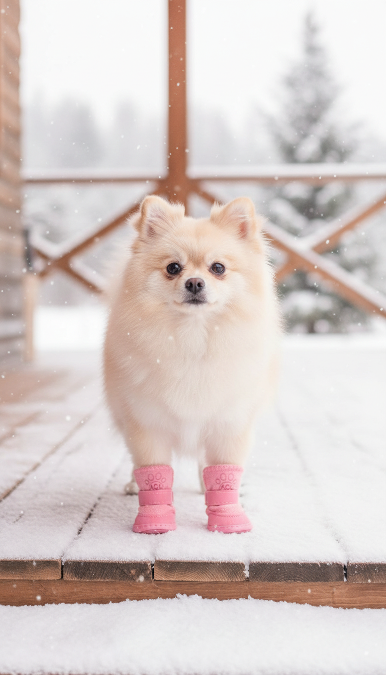 Pomeranian wearing pink plush snow boots on a snowy porch