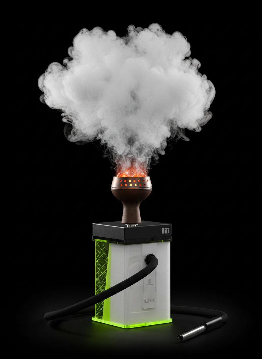 Lion Hookah Square ILIN LED with a bowl and glowing heat management device on top, thick smoke rising on a black background