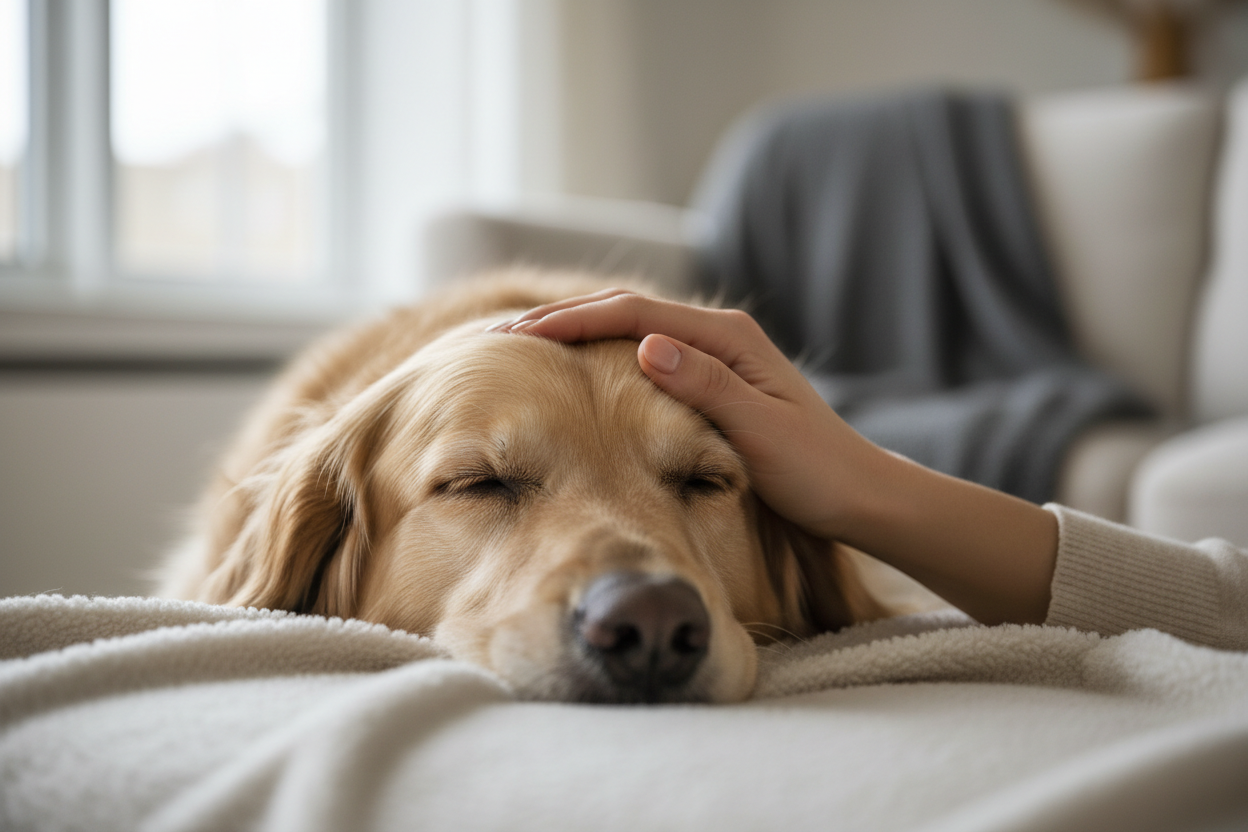 A hand gently stroking a relaxed golden retriever