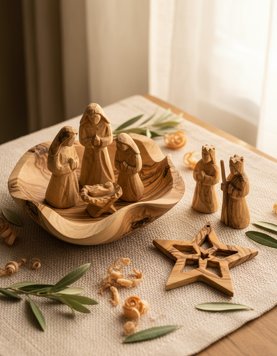 Hand-carved olive wood figures, a star ornament and a bowl on cream linen