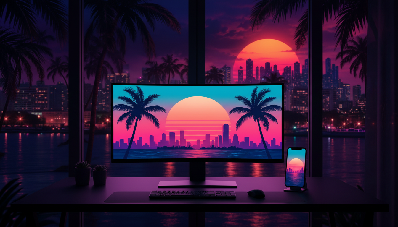 Desk at night with a monitor and phone showing neon Miami Art Deco wallpapers