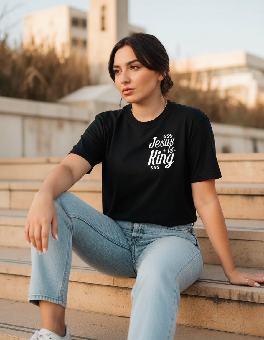 A young woman in a black faith-inspired t-shirt sitting on sunlit stone steps
