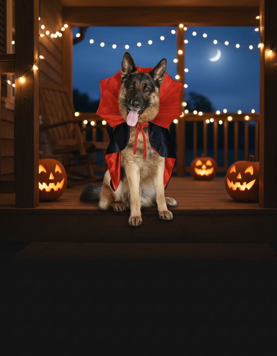 Small dog in a black vampire cape sitting on a porch among glowing jack-o'-lanterns