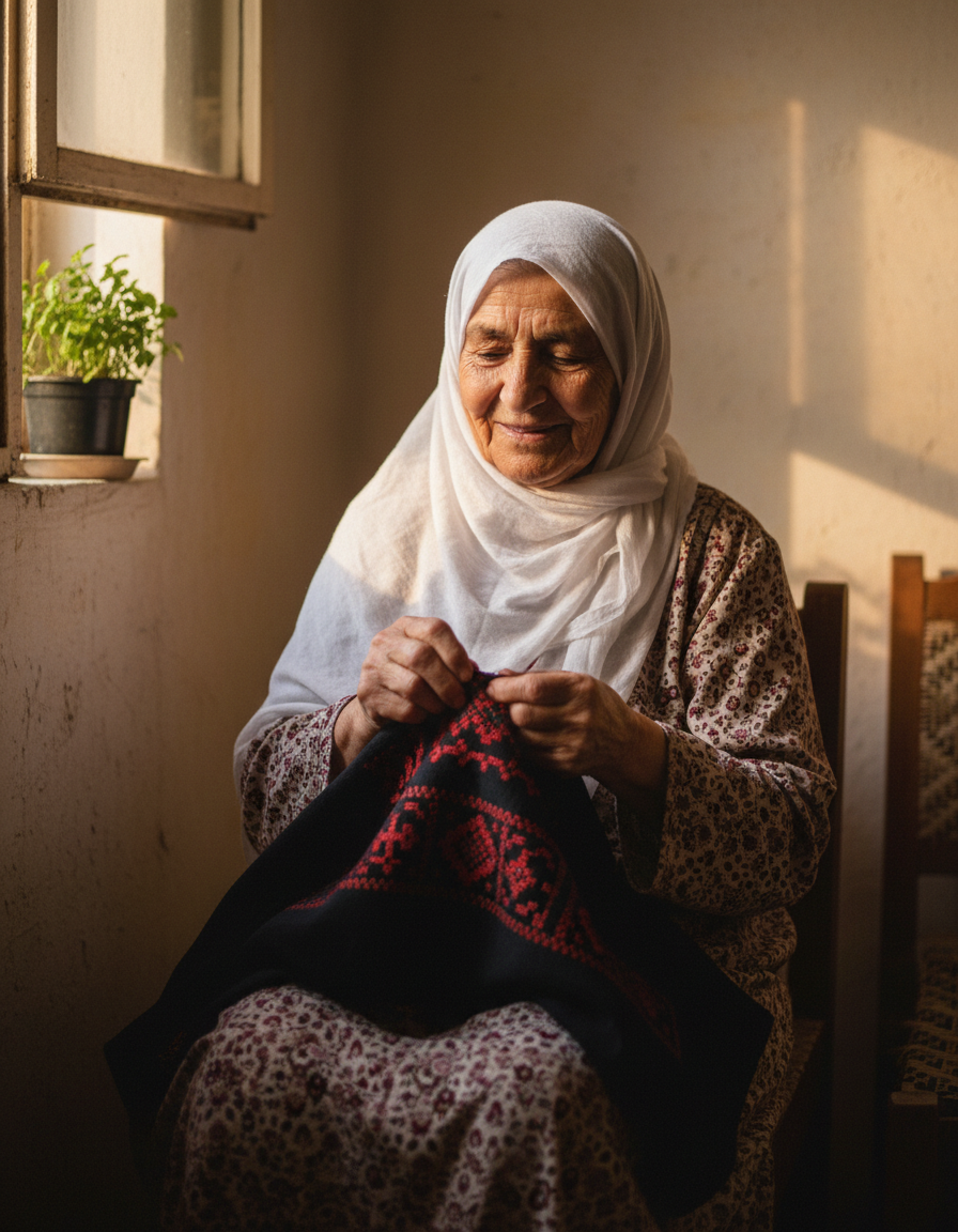 An older Palestinian woman by a window, smiling as she cross-stitches red tatreez