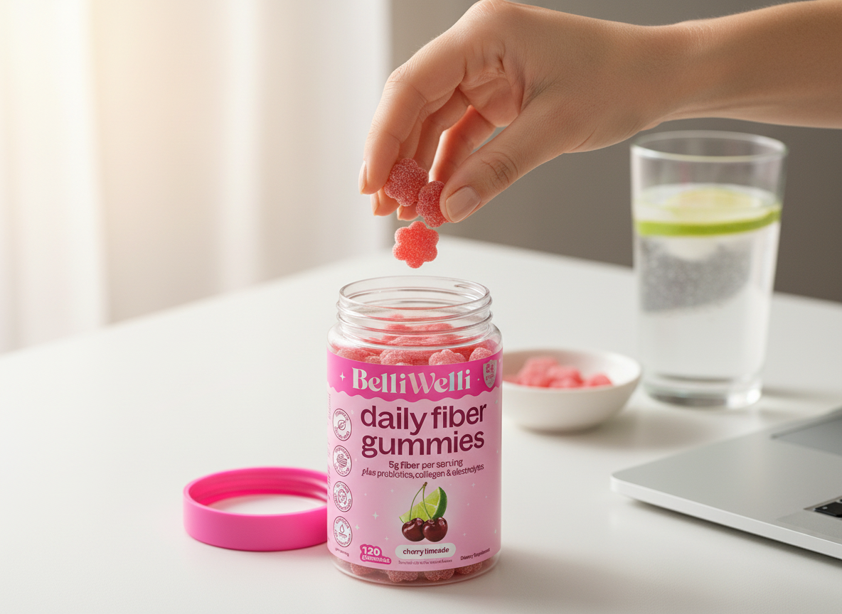 A hand taking pink flower-shaped BelliWelli fiber gummies from an open Cherry Limeade jar on a bright desk