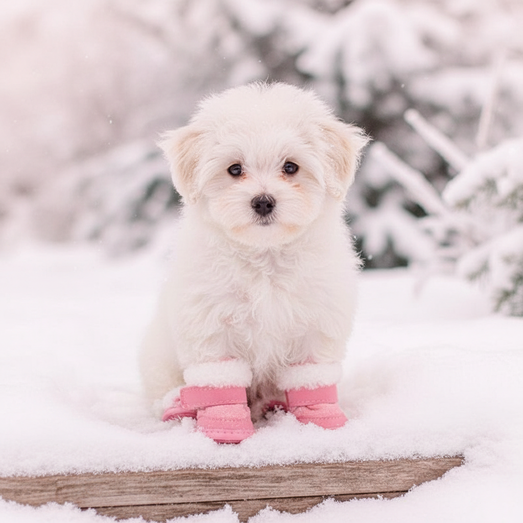 White puppy in pink plush snow boots sitting on a snowy step