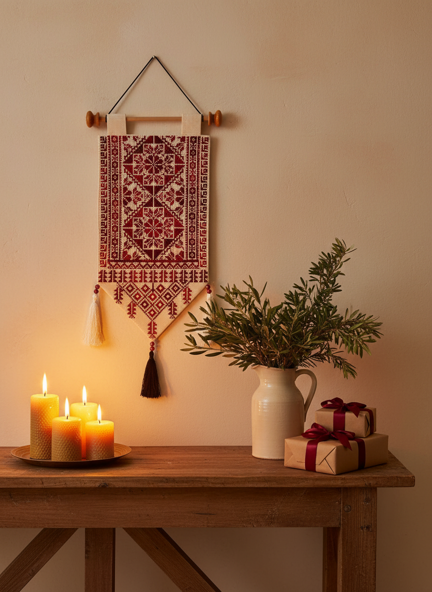 A tatreez wall hanging above a console styled with candles, olive branches and wrapped gifts