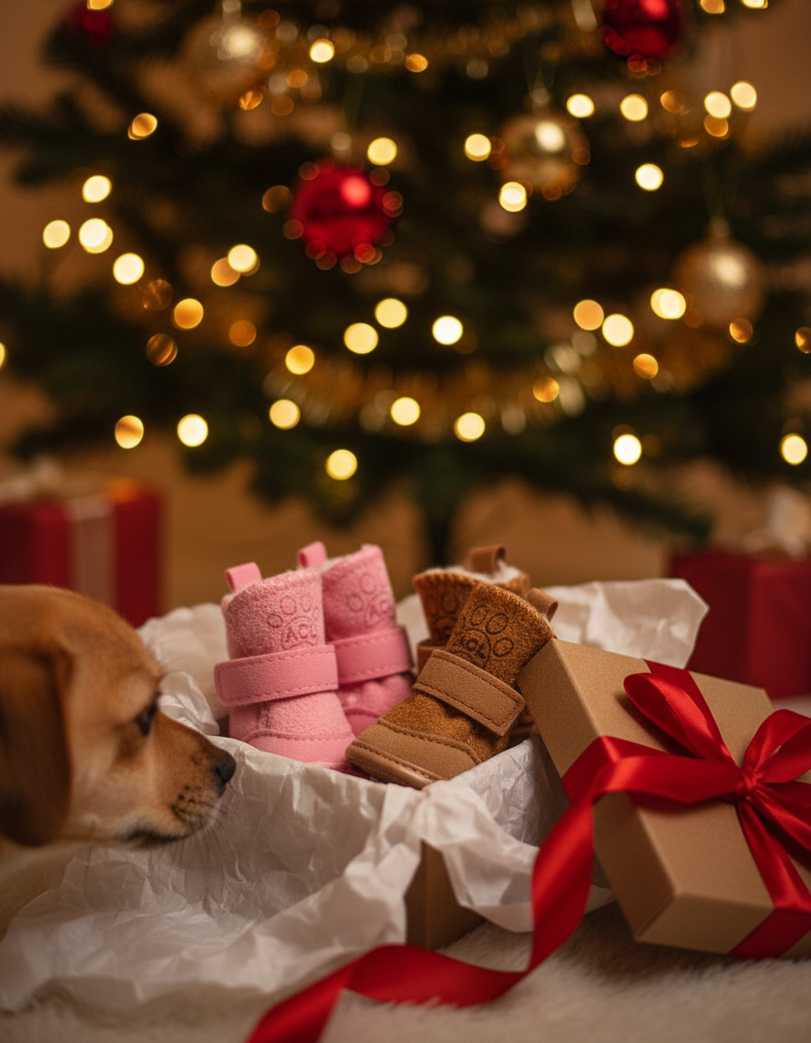 Open gift box under a Christmas tree with plush boots inside, a curious dog peeking in