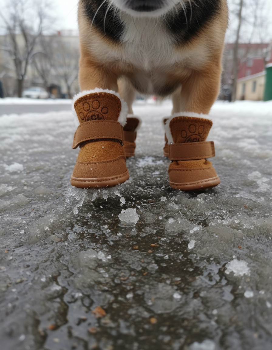 Close-up of paws in coffee-brown snow boots on slushy pavement