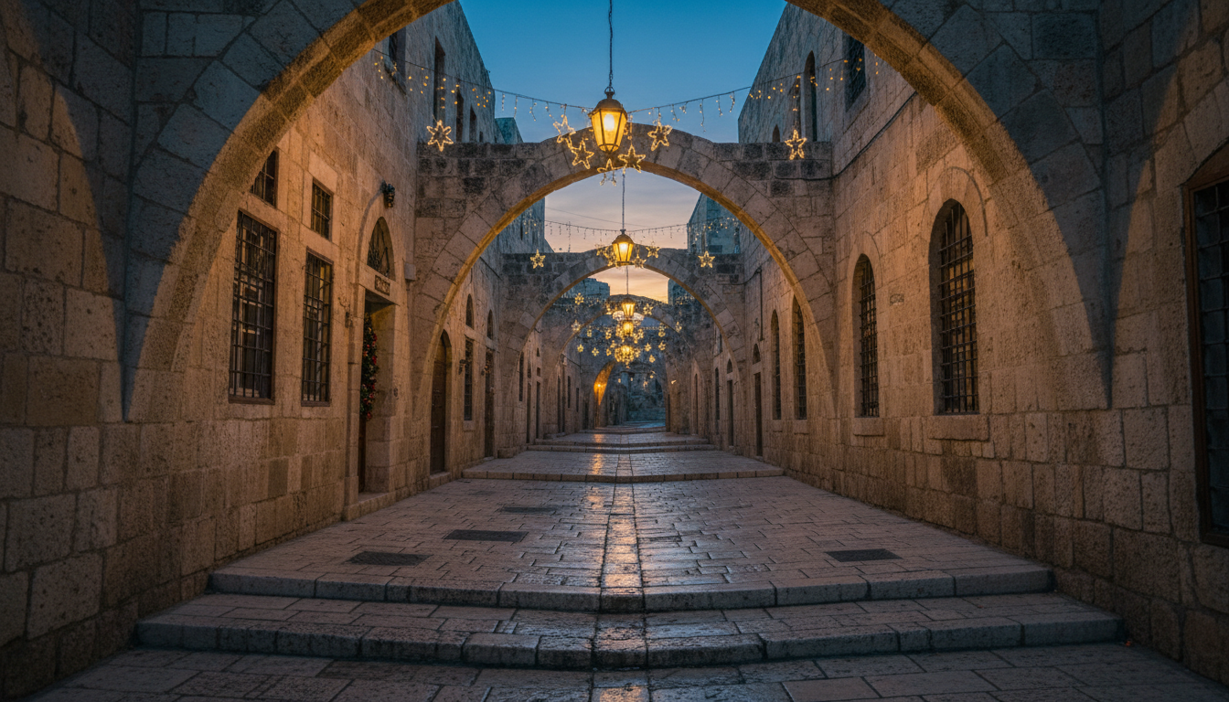 An old limestone street in Bethlehem at dusk, strung with warm star-shaped lights