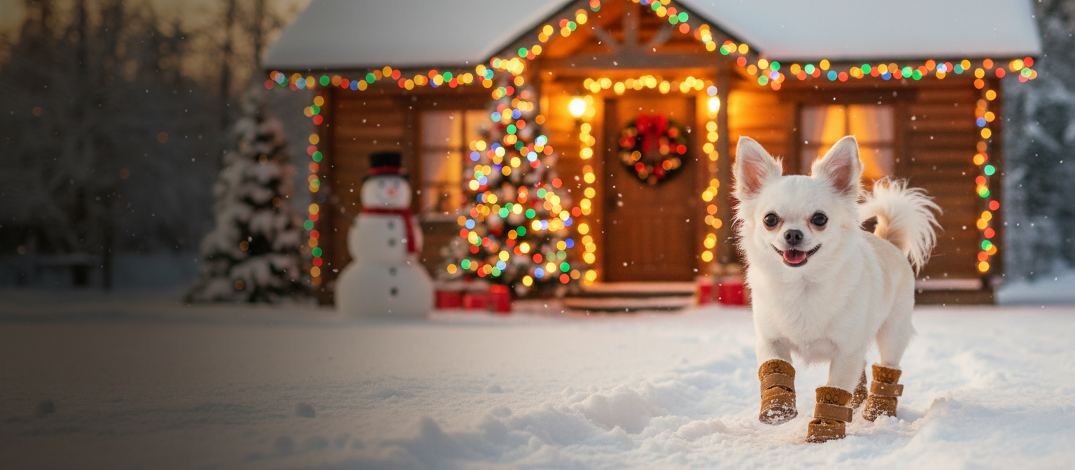 Chihuahua in coffee-brown plush snow boots trotting through snow in front of a log cabin glowing with Christmas lights, a decorated tree and a snowman