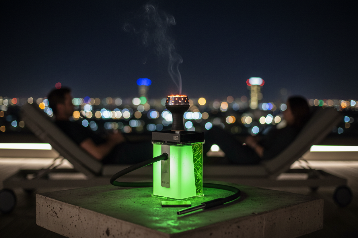 ILIN LED hookah with a bowl and metal heat management device on top, glowing lime green on a rooftop lounge table at night