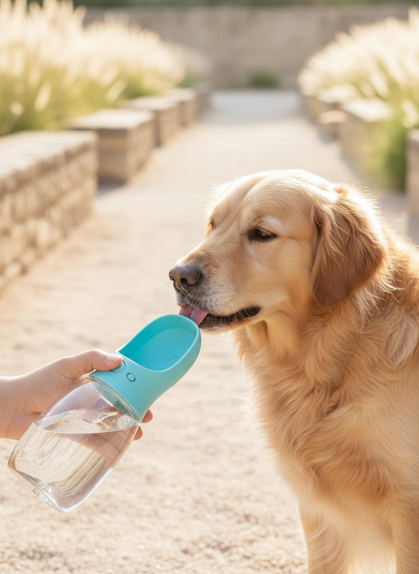 A golden retriever drinking from a portable pet water bottle on a sunny walk