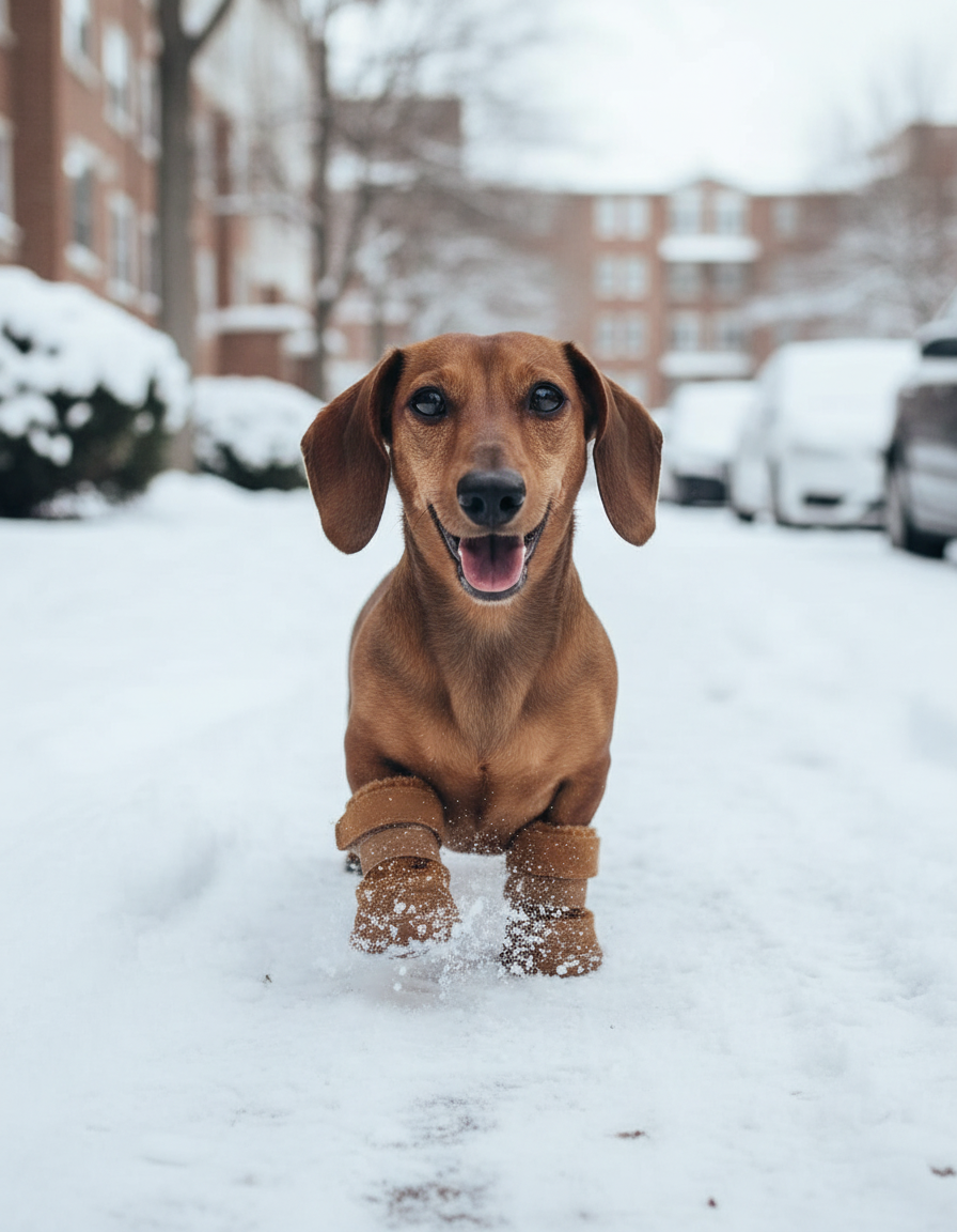 Happy dachshund in coffee-brown snow boots on a snowy sidewalk