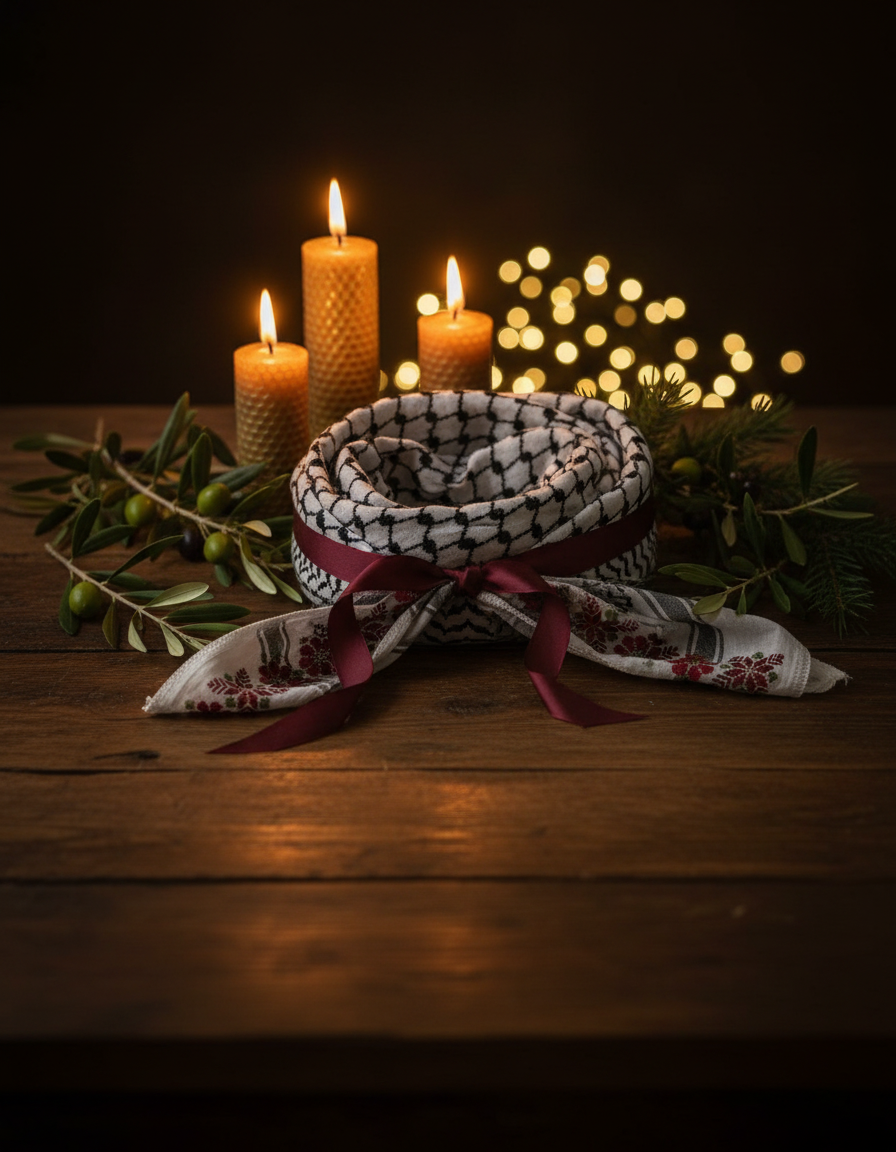 A tatreez keffiyeh tied with a burgundy ribbon as a gift, beside lit beeswax candles, olive branches and twinkling lights