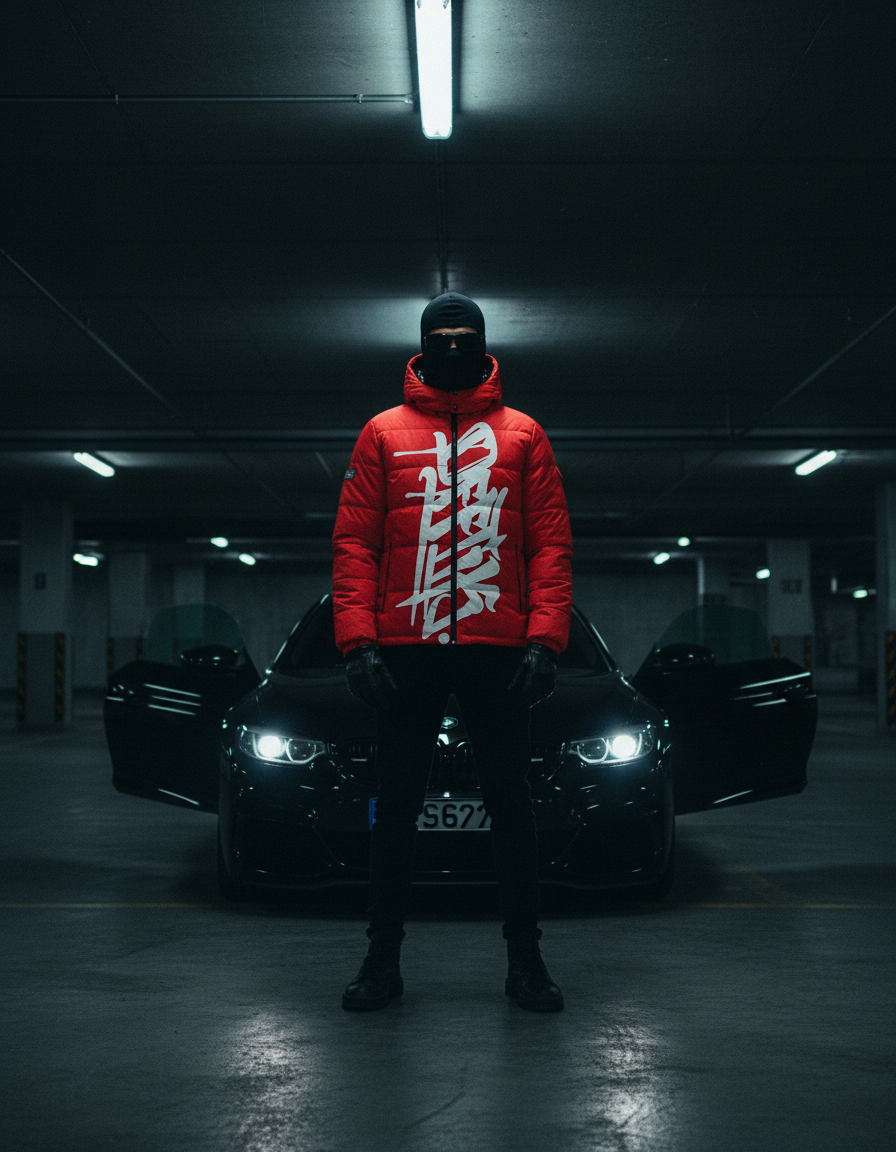 Model in a balaclava, sunglasses and gloves wearing the OFFTIK Signature Puffer Jacket Red/White in an underground car park at night