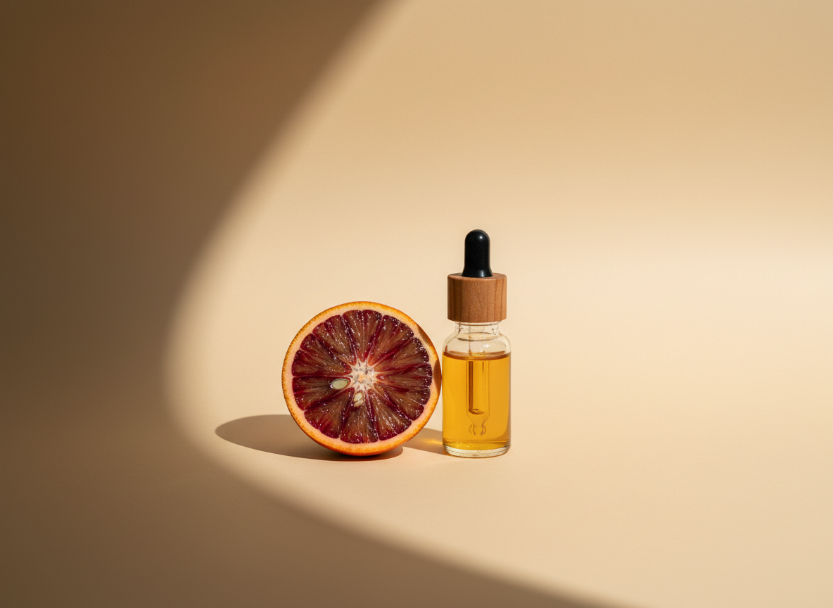 Halved blood orange beside a small dropper bottle of oil