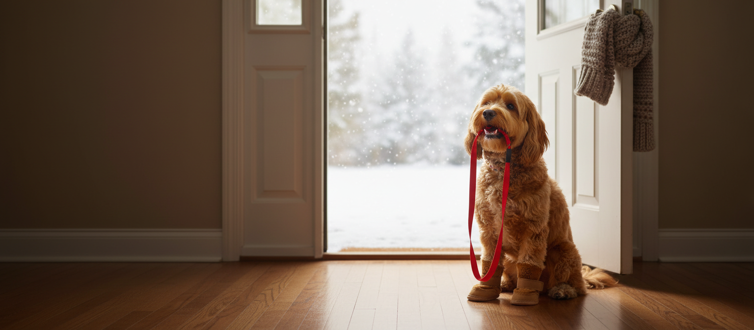 Eager cockapoo wearing coffee-brown plush snow boots sitting at an open front door with its leash in its mouth, snow falling outside